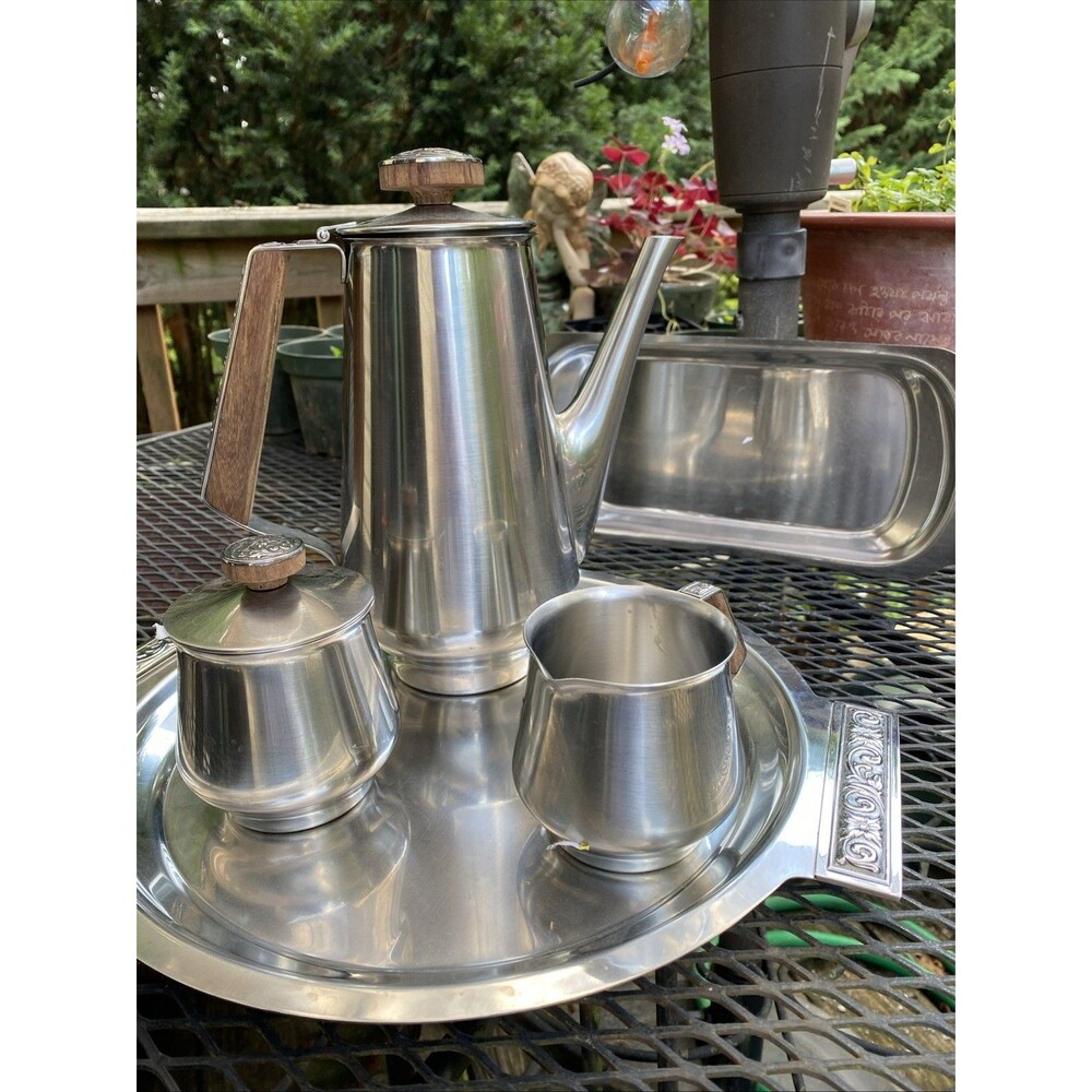 Vintage Stainless Coffee  Set 2 Tray, Creamer , Sugar Bowl, and Decanter - Japan